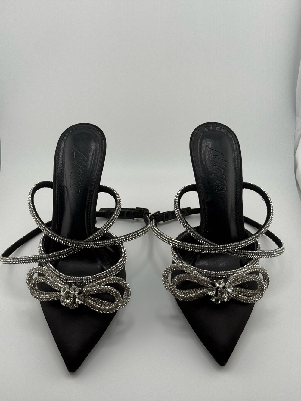 Aligrace Black Rhinestone Crystal Bow Strappy Stiletto Heels Size 8